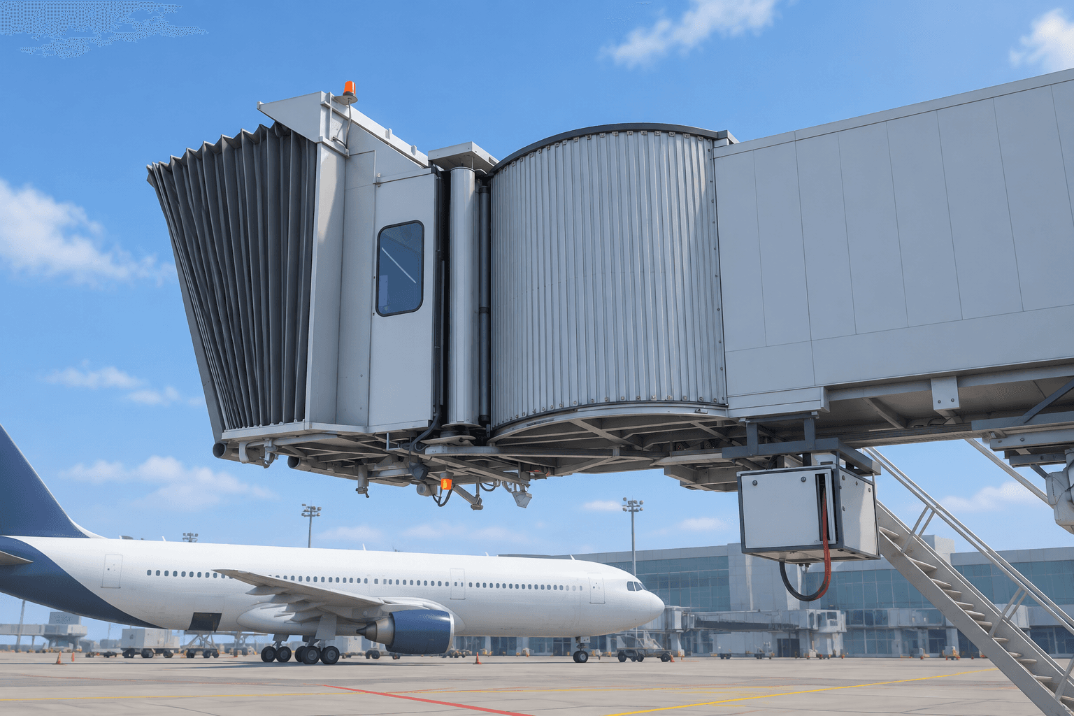 Apron drive passenger boarding bridge with the bellows and canopy extended over an aircraft stand