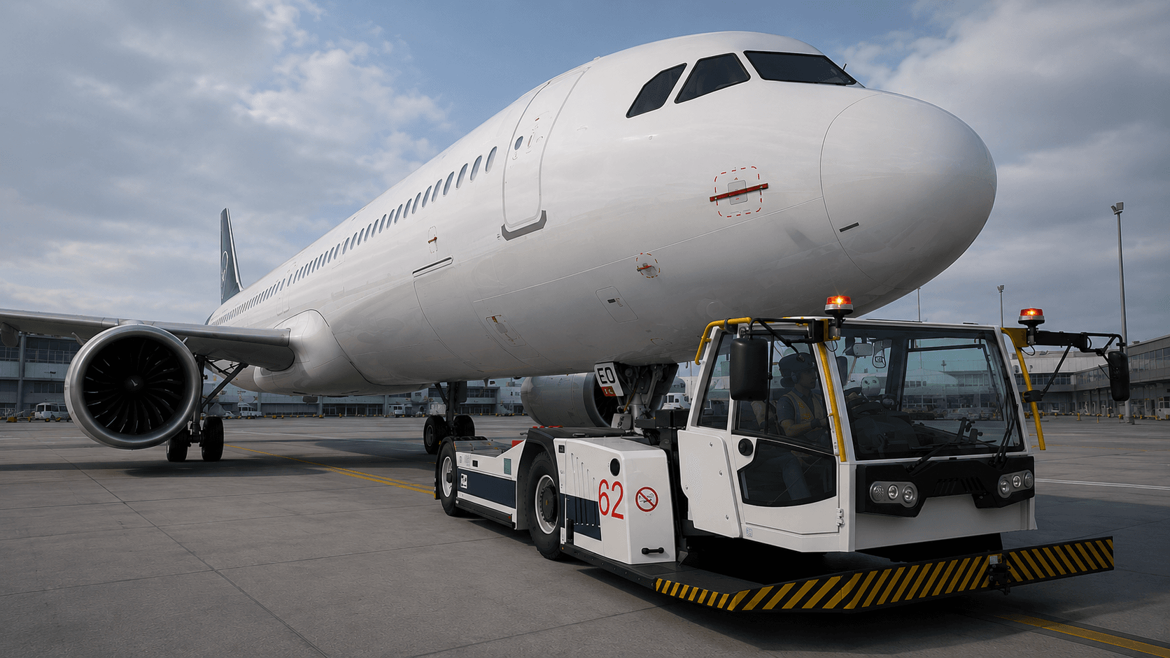 Towbarless pushback tug docked with aircraft nose gear