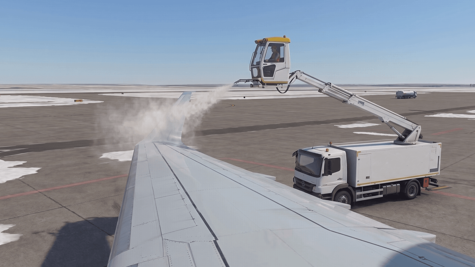 Aircraft de-icing operation with spray boom applying fluid to wing