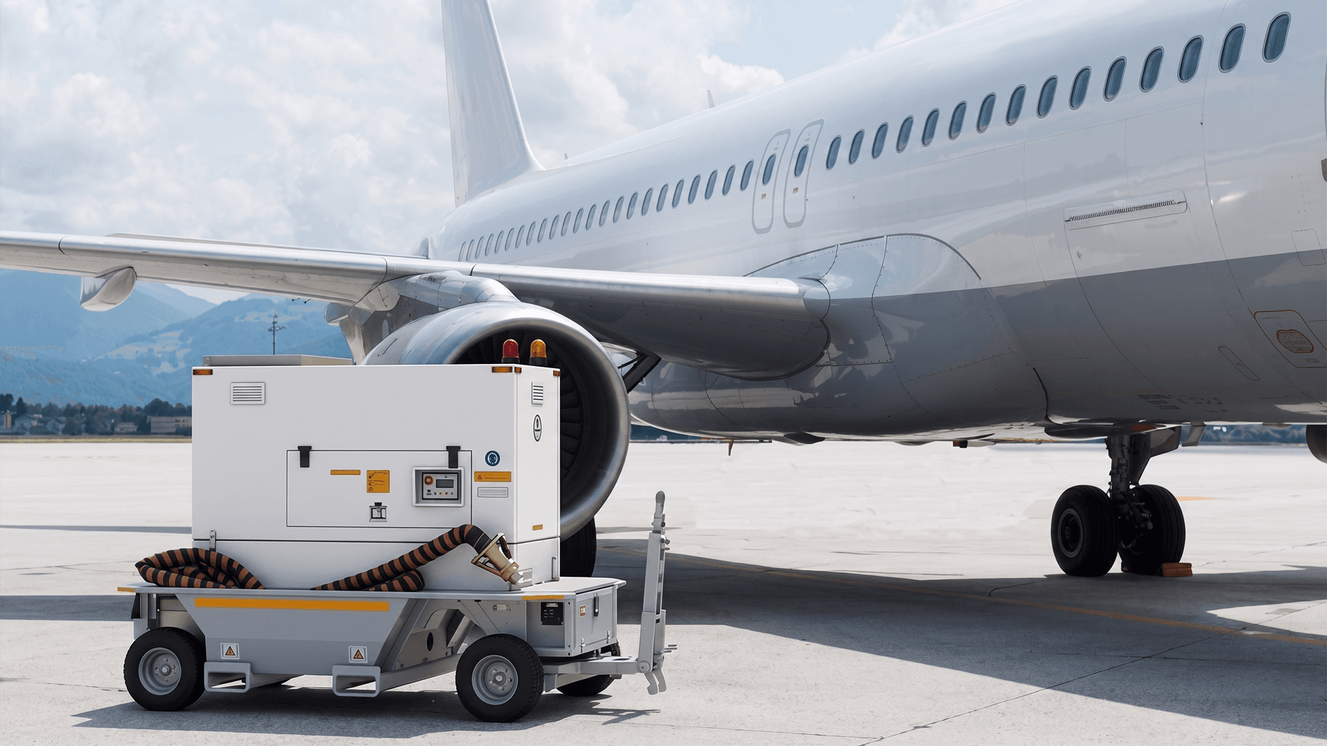 Air Start Unit connected to aircraft for engine start support